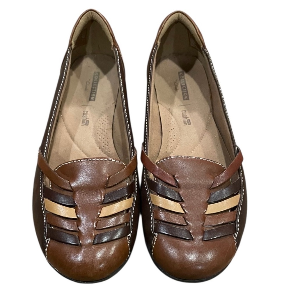 Clarks Collection Women Brown Leather Woven Comfort‎ Loafer Flats Shoes 7.5W
